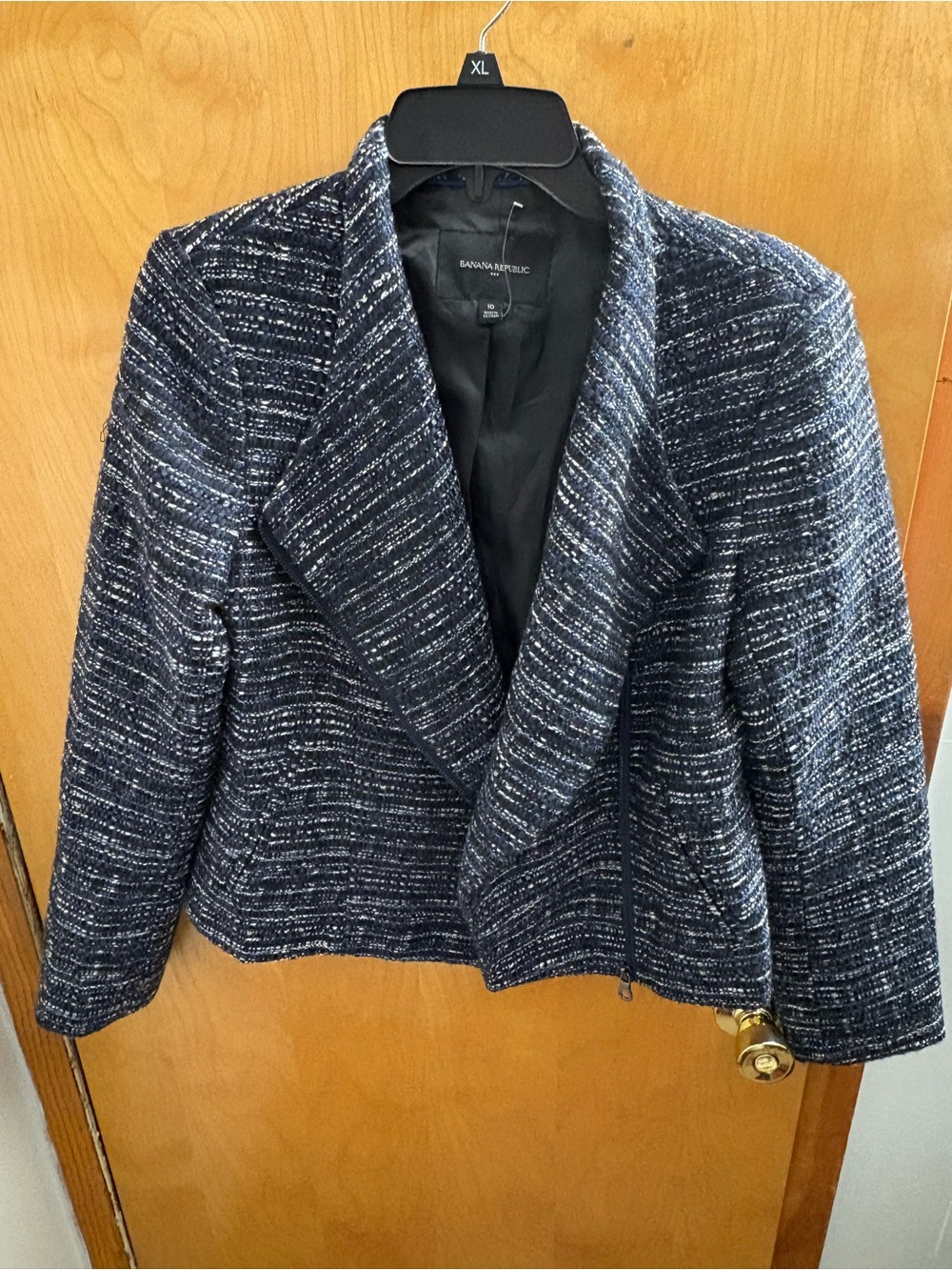 Banana Republic Navy Tweed Asymmetric Zip Blazer